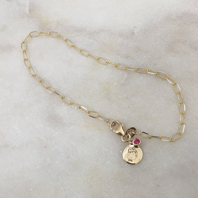 Custom Face Engraved Tag Bracelet with Dangly Bezel Birthstone (Yellow Gold) - Easter Ahn Design