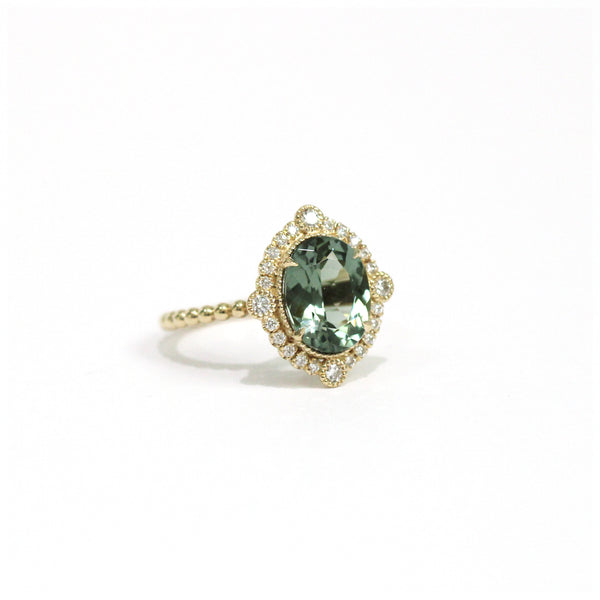 Green Tourmaline Diamond Bezel and Halo Ring - Easter Ahn Design