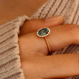 Blue Green Tourmaline and Diamond Halo Bloom Ring