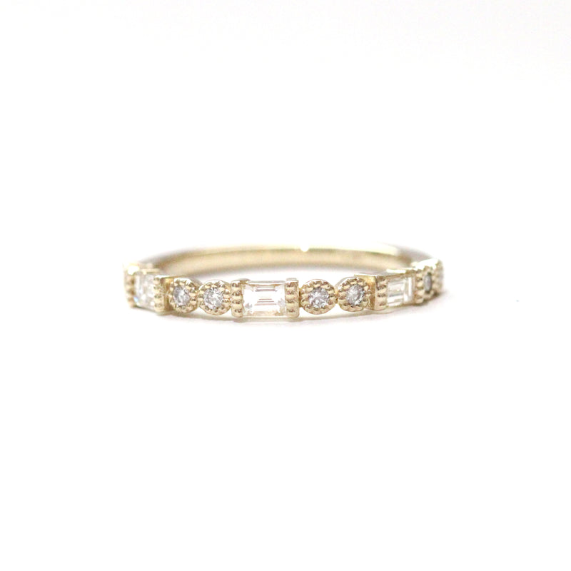 Baguette and round diamond milgrain bezel band