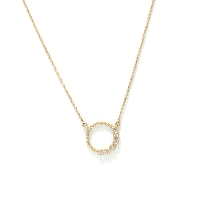 Beaded circle with 5 stone diamond milgrain bezel necklace