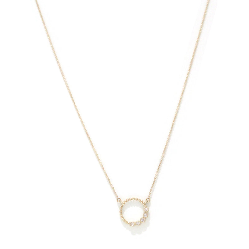 Beaded circle with 5 stone diamond milgrain bezel necklace