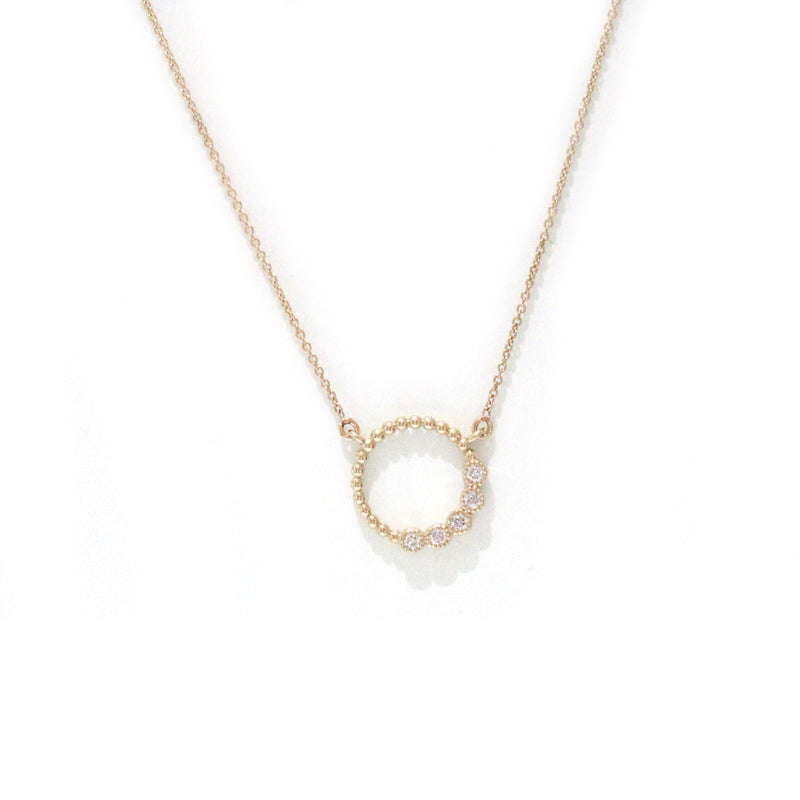Beaded circle with 5 stone diamond milgrain bezel necklace