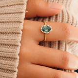 Blue Green Tourmaline and Diamond Halo Bloom Ring