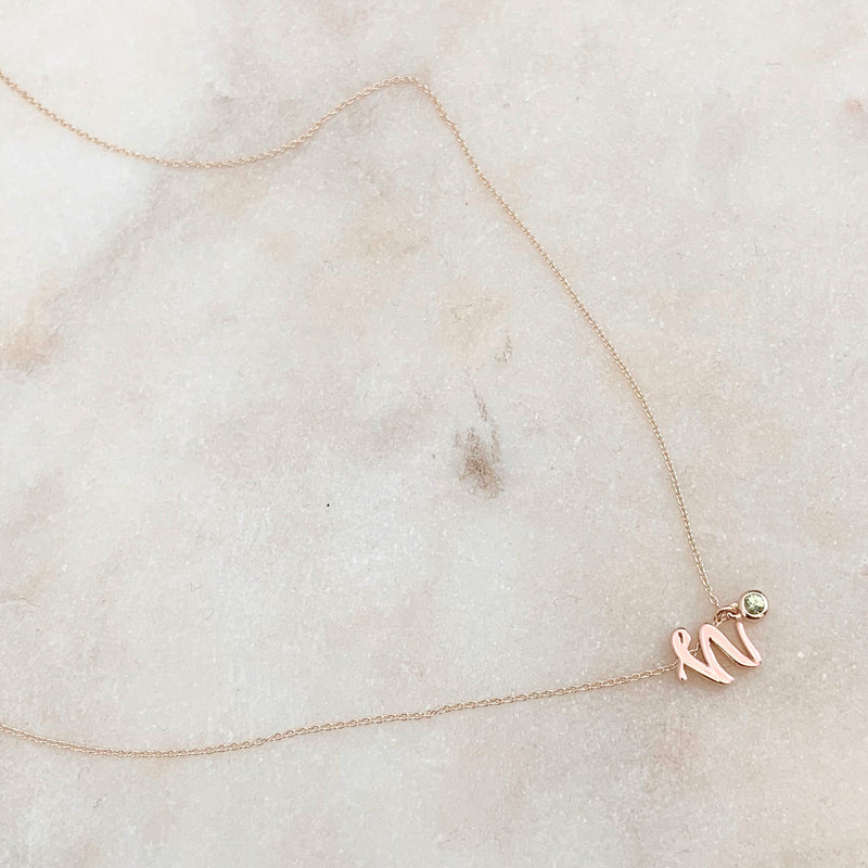Mini Love Letter Necklace with Dangly Bezel Birthstone (Rose Gold) - Easter Ahn Design