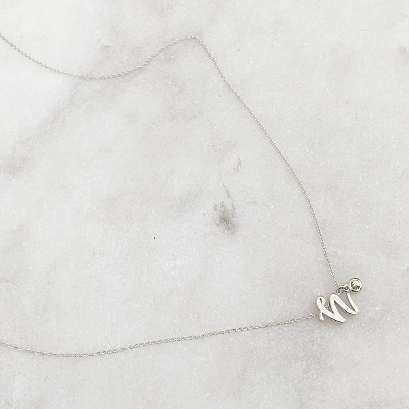 Mini Love Letter Necklace with Dangly Bezel Birthstone (White Gold) - Easter Ahn Design