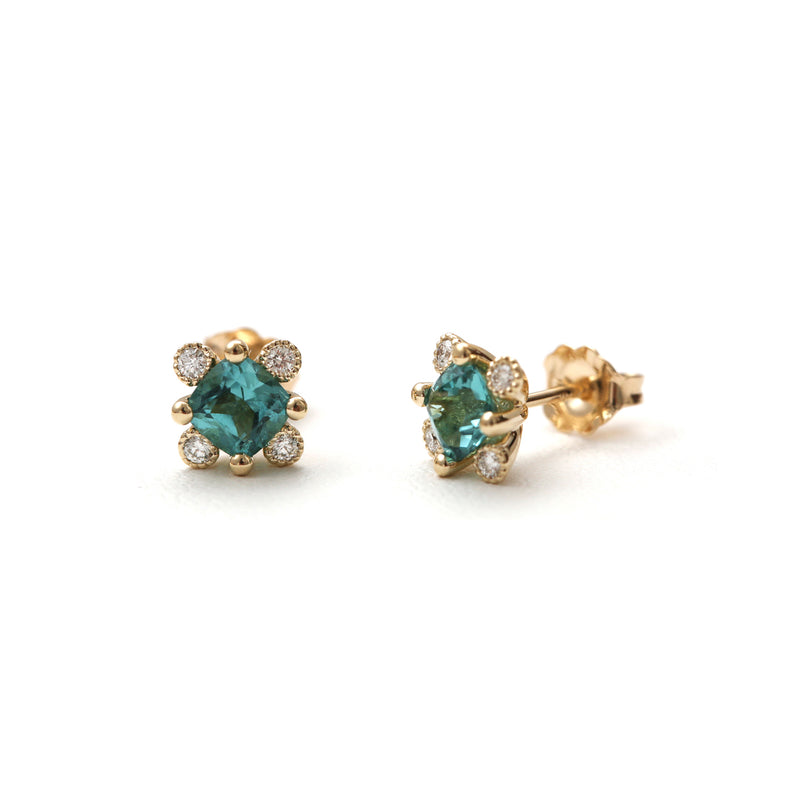 Sea Green Tourmaline with Milgrain Diamond Earrings - Easter Ahn Design