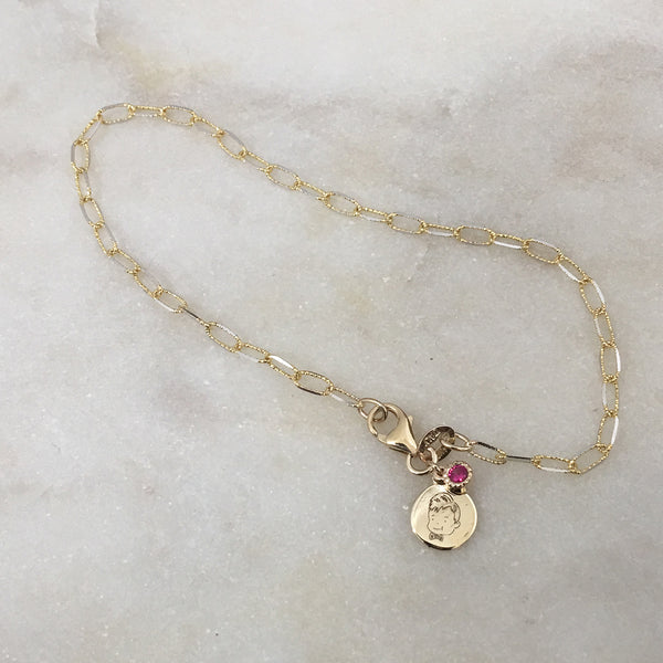 Custom Face Engraved Tag Bracelet with Dangly Bezel Birthstone (Yellow Gold) - Easter Ahn Design