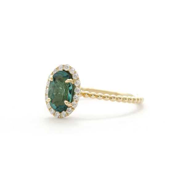 Blue Green Tourmaline and Diamond Halo Bloom Ring - Easter Ahn Design