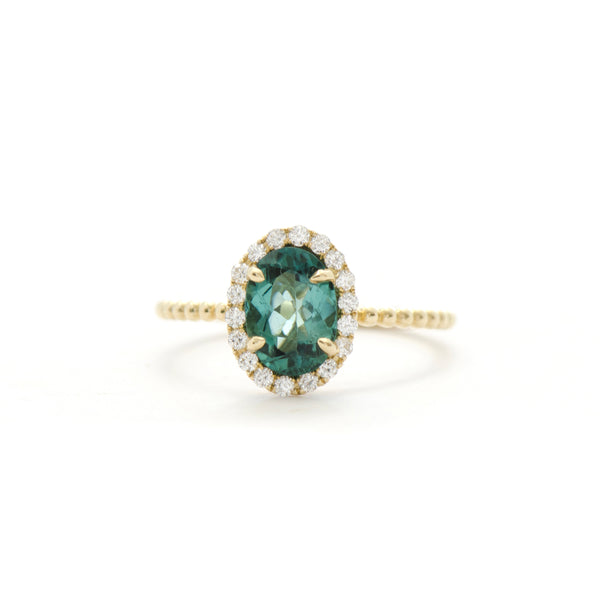 Blue Green Tourmaline and Diamond Halo Bloom Ring - Easter Ahn Design