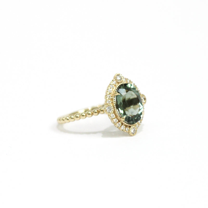 Green Tourmaline Diamond Bezel and Halo Ring - Easter Ahn Design