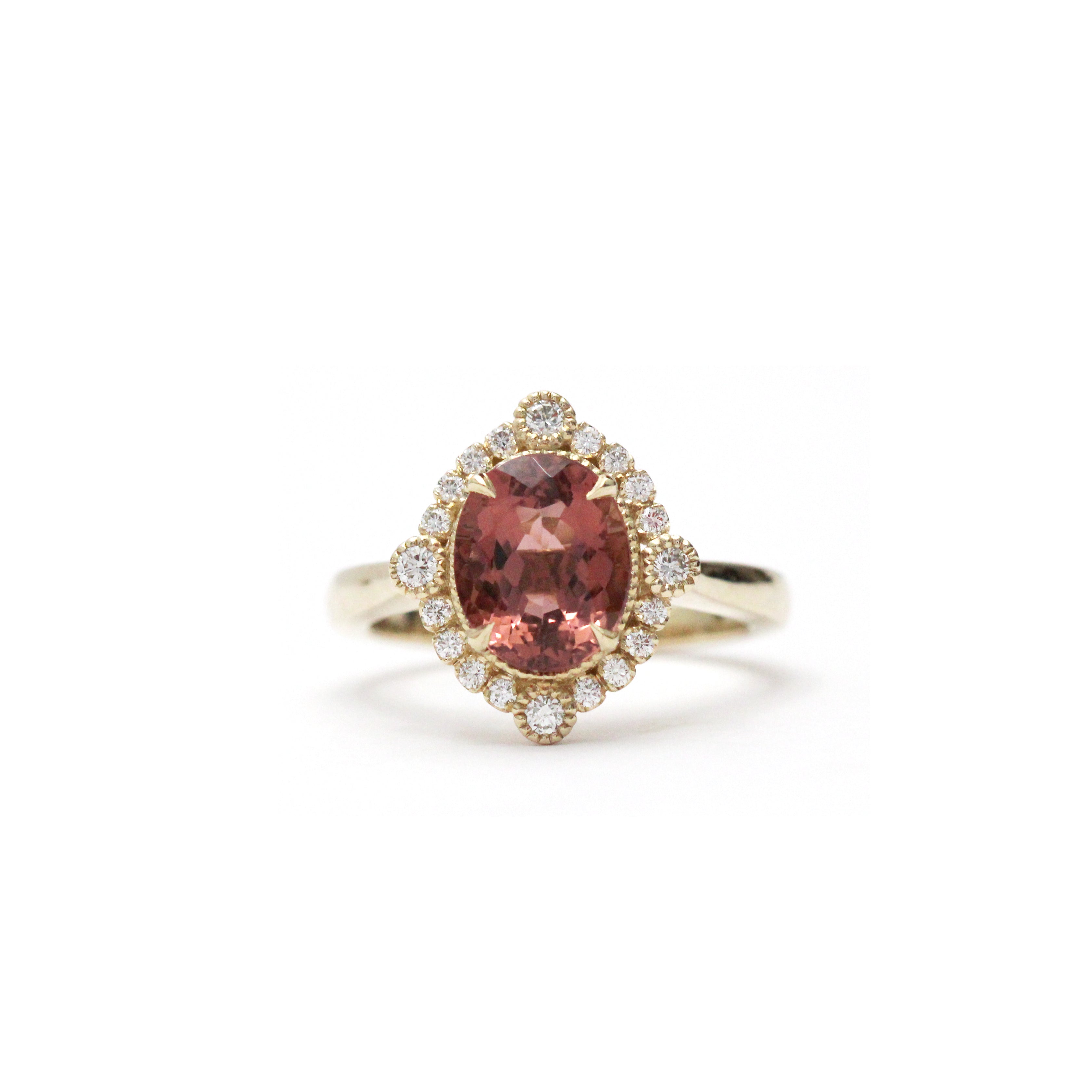 Dusty Rose Tourmaline Diamond Bezel and Halo Ring - Easter Ahn Design