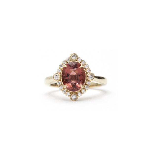 Dusty Rose Tourmaline Diamond Bezel and Halo Ring - Easter Ahn Design