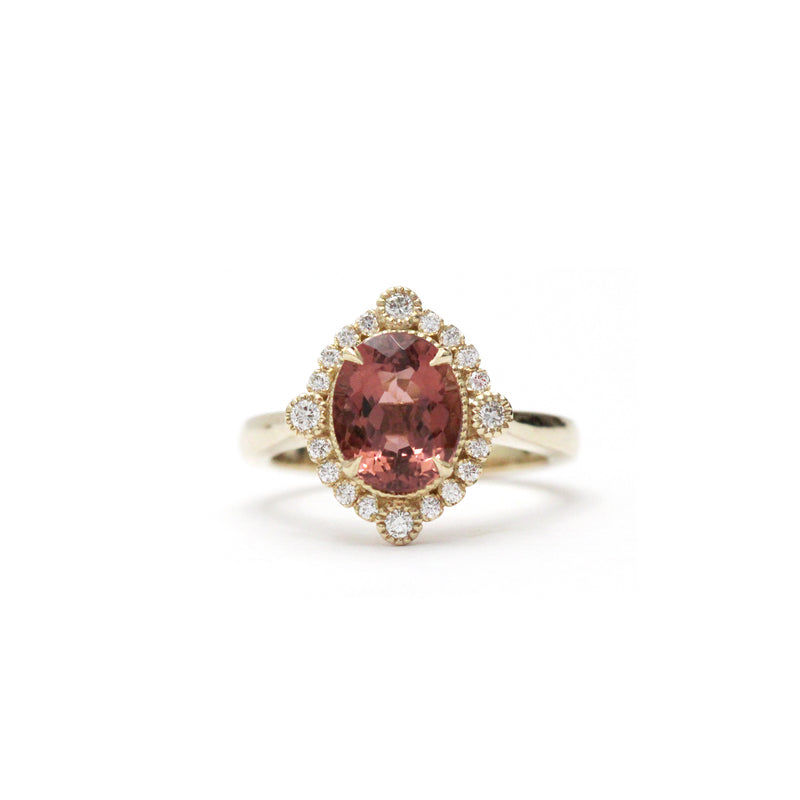 Dusty Rose Tourmaline Diamond Bezel and Halo Ring - Easter Ahn Design