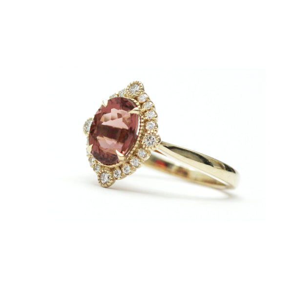 Dusty Rose Tourmaline Diamond Bezel and Halo Ring - Easter Ahn Design