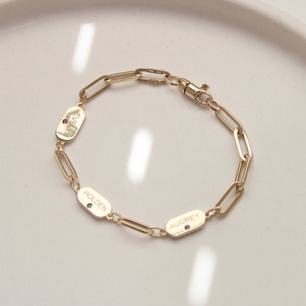 Custom Engraved Name Bar + Birthstone Paperclip Bracelet - Easter Ahn Design